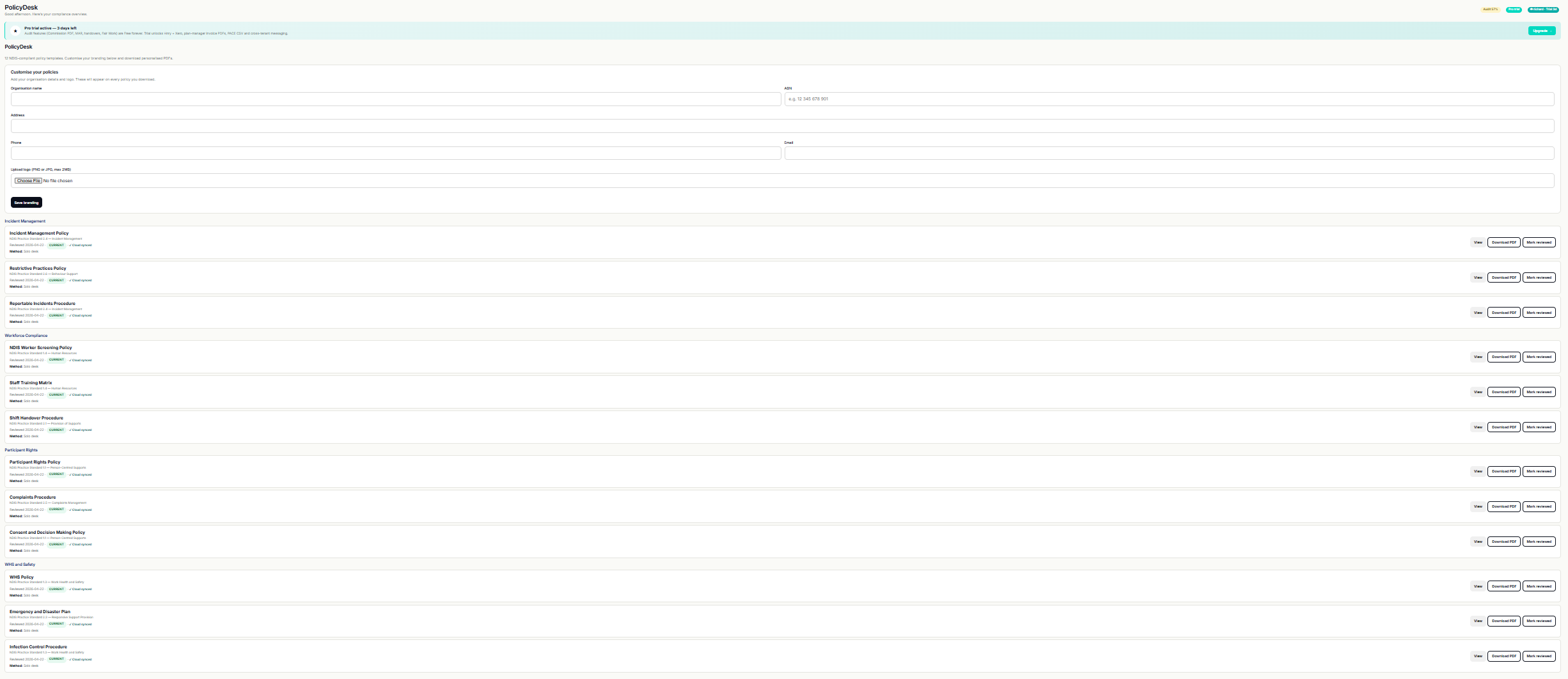 PolicyDesk module listing the 35 NDIS policy templates aligned to the 2025 Core Module + supplementary, with review dates, next-due badges and SIL blocker flags
