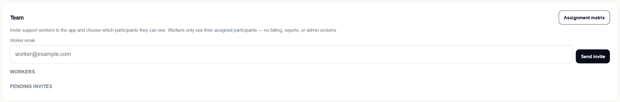 Settings Team card with existing workers and Invite by email input
